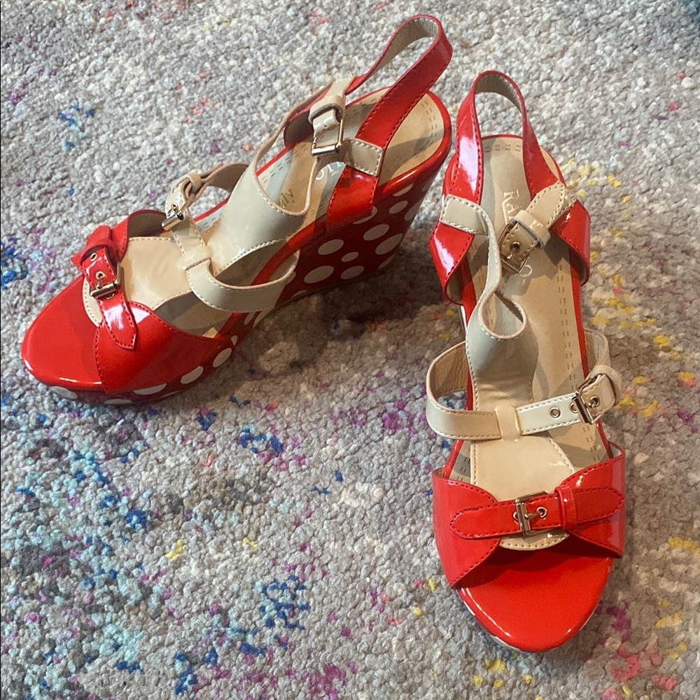 Rafaello Italian Red Polka Dot Wedge Sandals